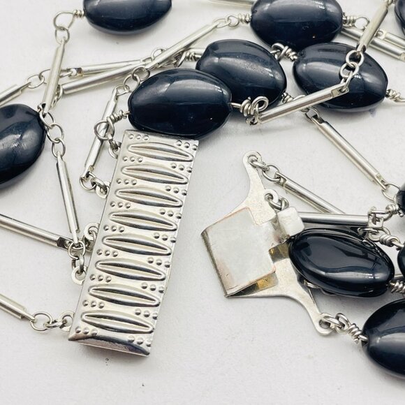 Multi Strand Silver Tone Bracelet Black Oval Cabochon Beads Statement Layered - Picture 5 of 8